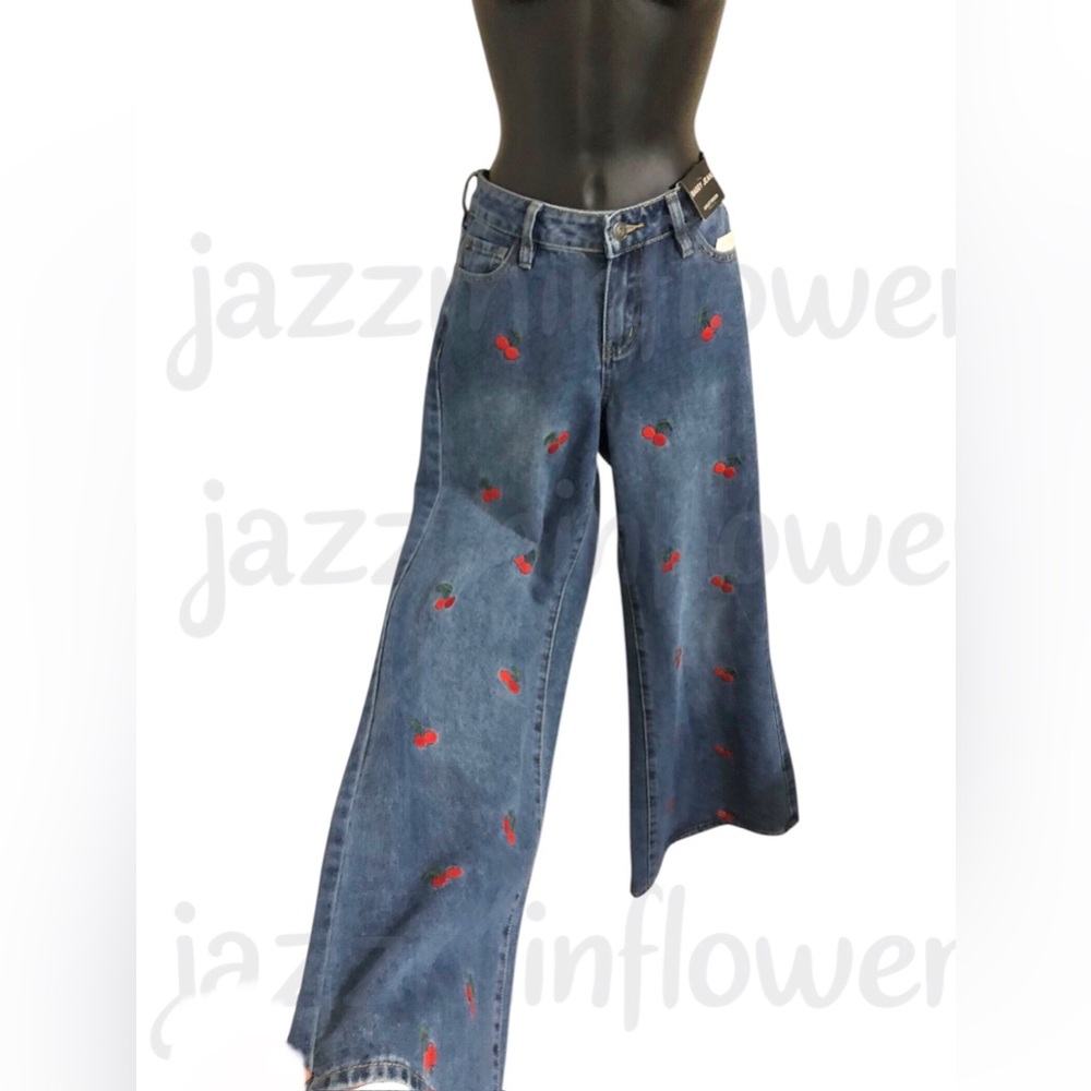 Ashley Mason‎ cherry on stem print medium wash baggy jeans size 00/23 new